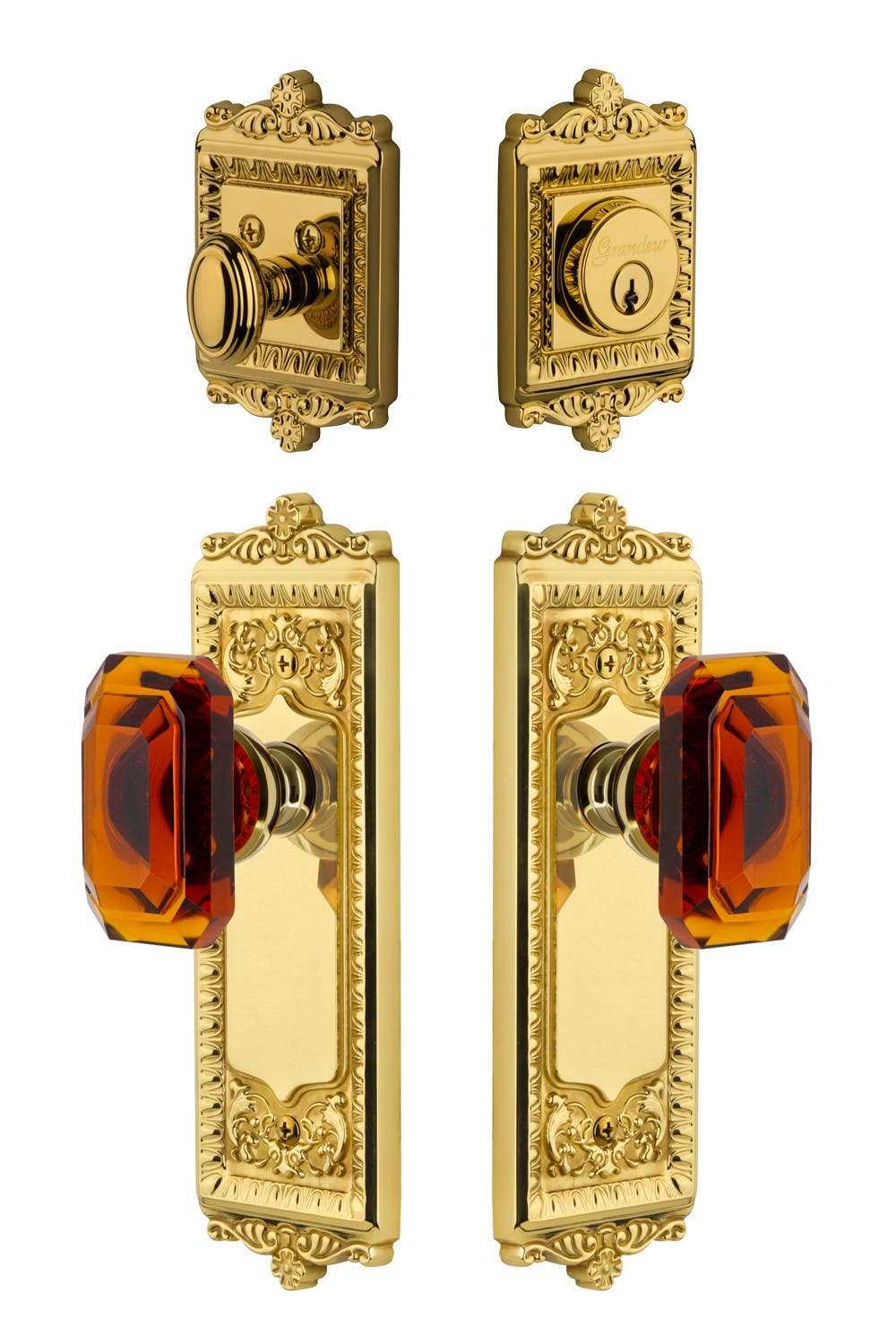 Grandeur Windsor Plate w/ Amber Baguette Crystal Knob & Matching Deadbolt