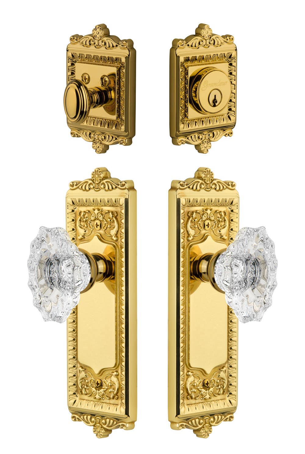 Grandeur Windsor Plate w/ Biarritz Crystal Knob & Matching Deadbolt