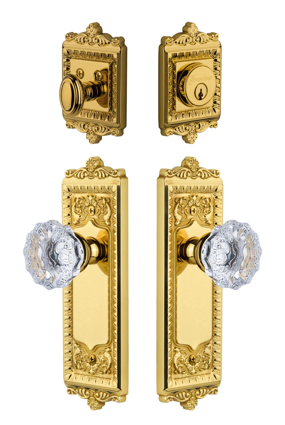 Grandeur Windsor Plate w/ Fonatinebleau Crystal Knob & Matching Deadbolt