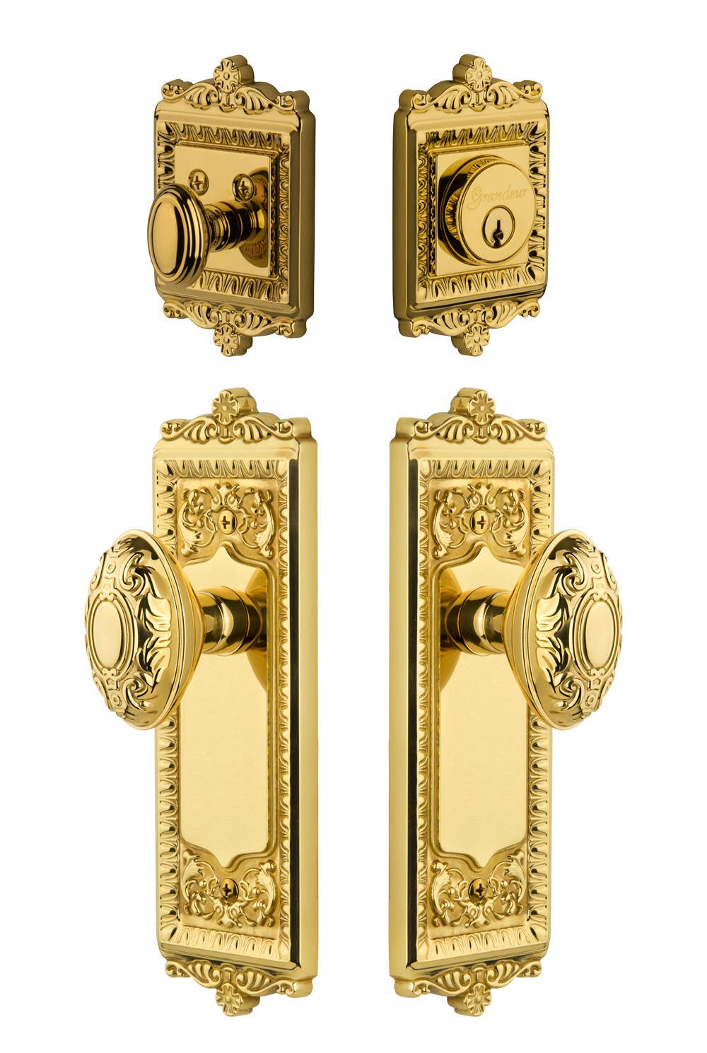 Grandeur Windsor Plate w/ Grande Victorian Knob & Matching Deadbolt