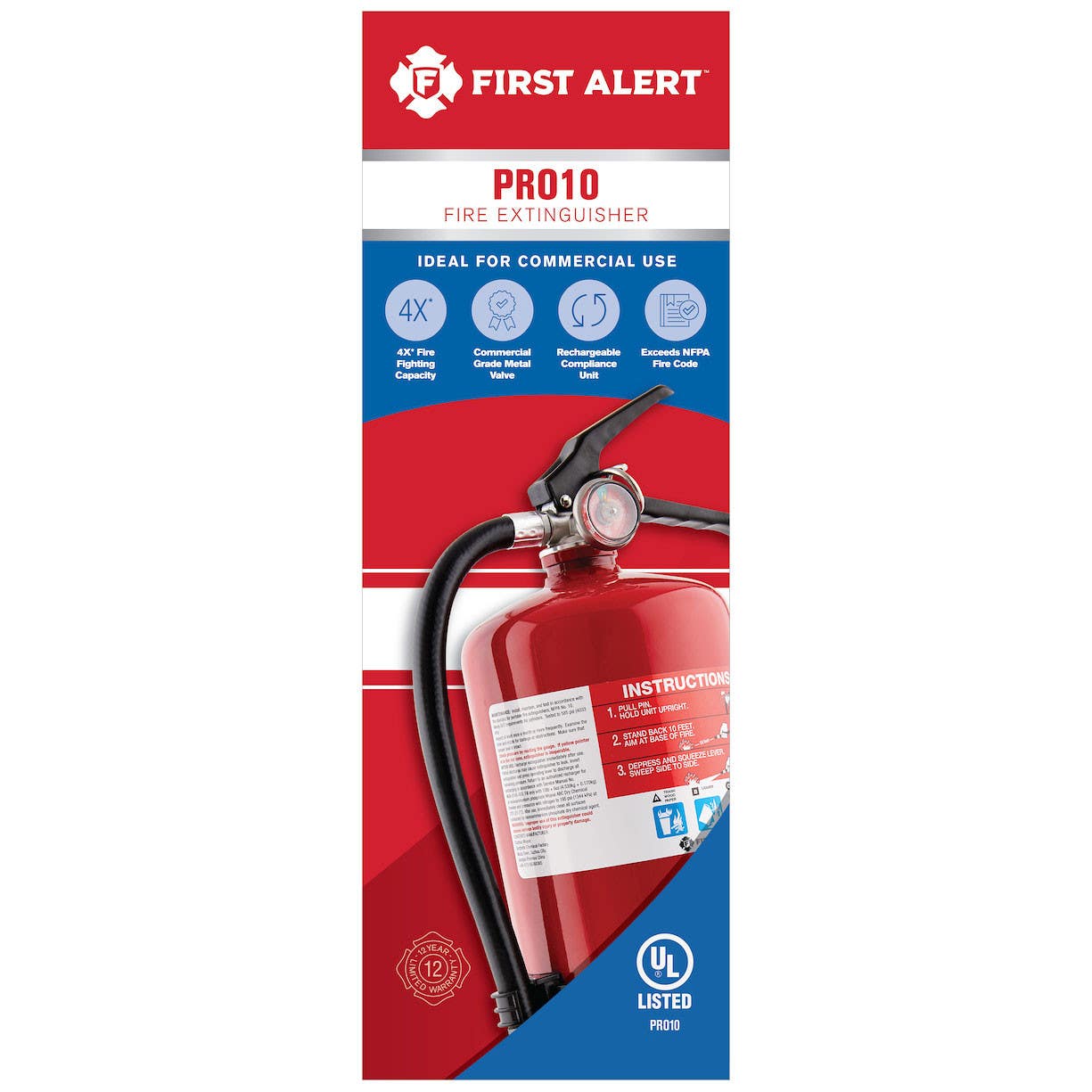 Resideo PRO10 Rechargeable Commercial Fire Extinguisher, Red, 2A: 60-B:C