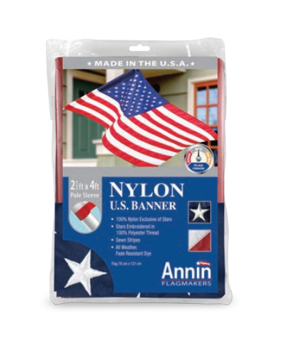 Annin Flagmakers 021850R Premium Nylon U.S. Banner, 2-1/2 x 4-ft.