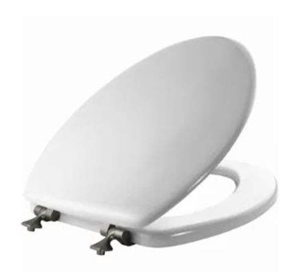BEMIS 144BN 000 Elongated Molded Wood Toilet Seat, STA-TITE  Brushed-Nickel Hinge, White
