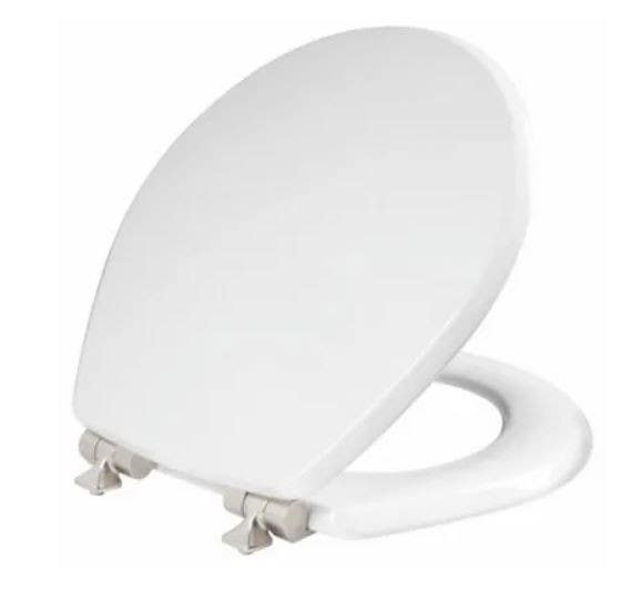 BEMIS 26NISLA 000 Benton Round Wood Toilet Seat, White Enamel, Never Loosens, Slow-Close Brushed Nickel Hinge