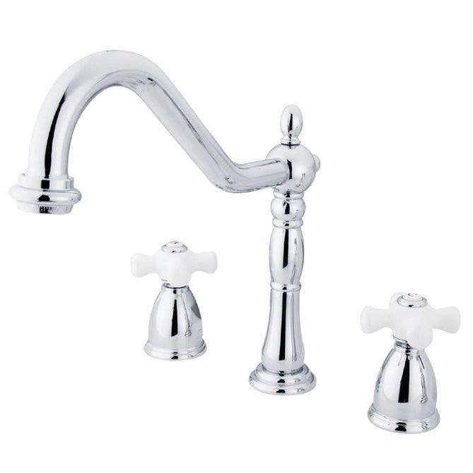 Kingston Brass KB1791PLBS Two-Handle 4-Hole Deck Mount Widespread Kitchen Faucet with Brass Sprayer, Polished Chrome