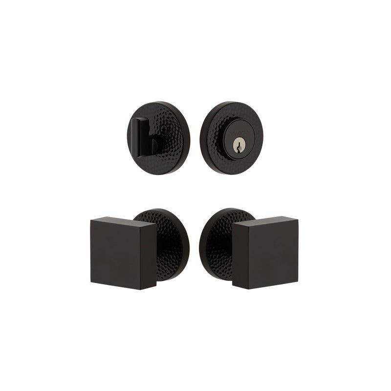 Viaggio CLOMHMQAD Circolo Hammered Rosette Entry Set with Quadrato Brass Knob and Matching Deadbolt