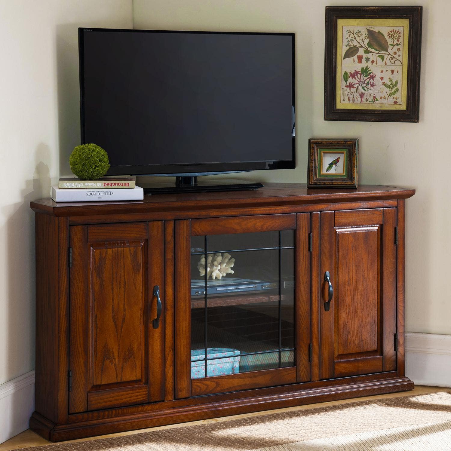 Design House 80385 Leaded Glass TV Corner Console In Burnished Oak