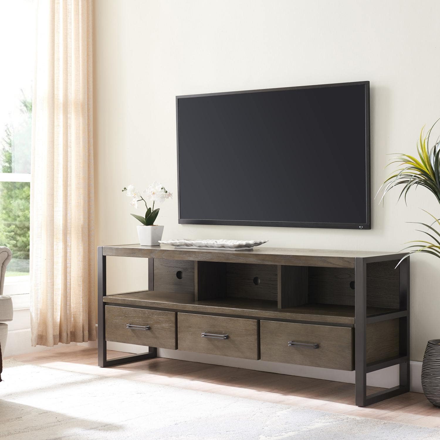 Design House 84360 Ender Gunmetal TV Stand In Smoke Gray, For Upto 65" TV