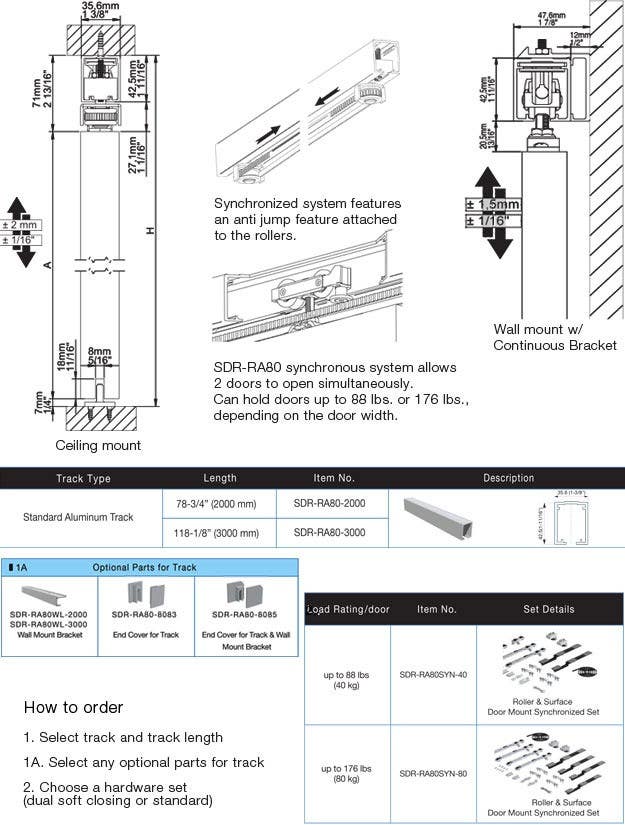 Sugatsune SDR-RA80SYN Soft Close Synchronized Sliding Door Hardware
