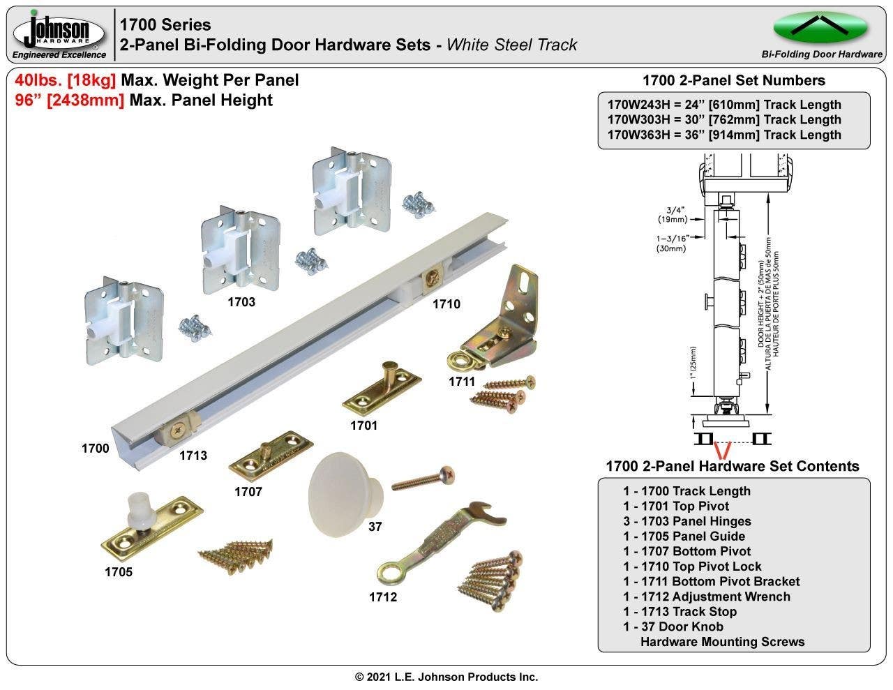 Johnson Hardware 170W 1700 Series Bi-Fold Door Hardware Set, 2-Panel, White Steel Track
