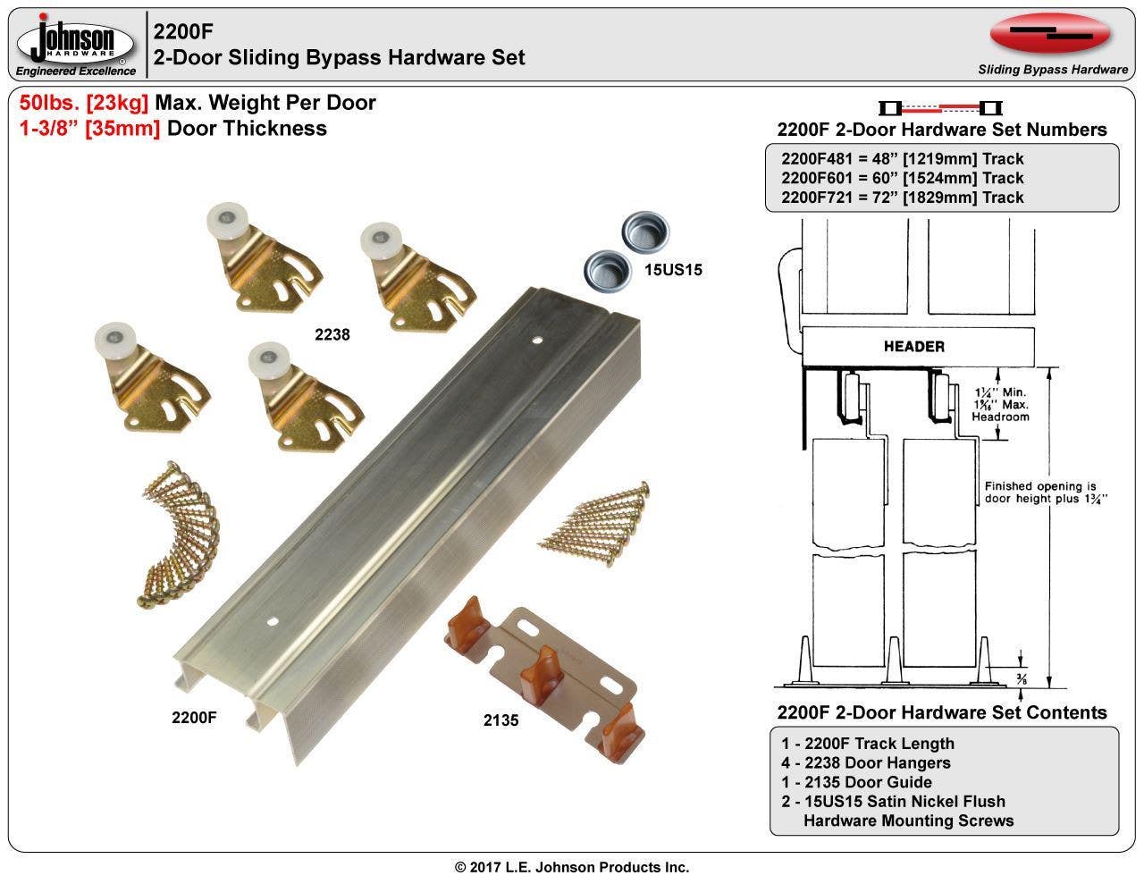 Johnson Hardware 2200F Series 2-Door Sliding Bypass Hardware Set, Single Wheel