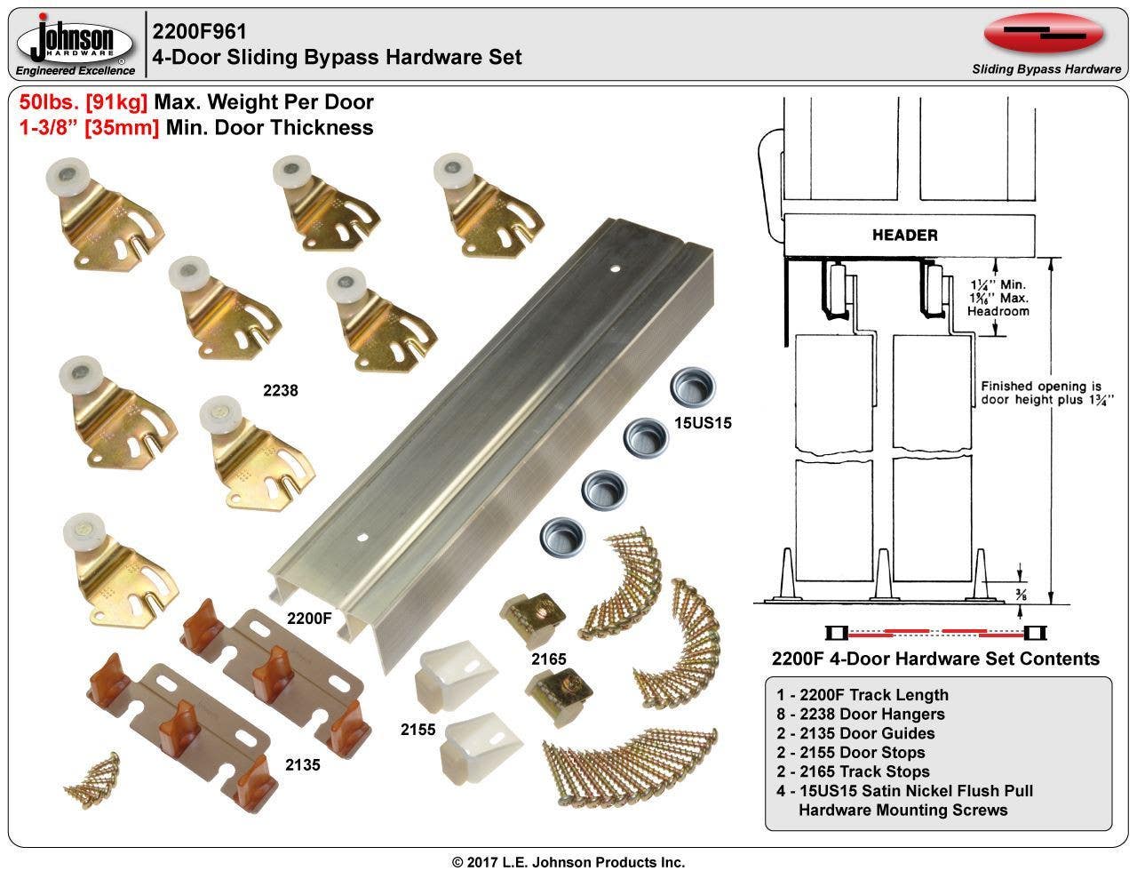 Johnson Hardware 2200F961 Series 4-Door Sliding Bypass Hardware Set, Single Wheel, Track - 96"