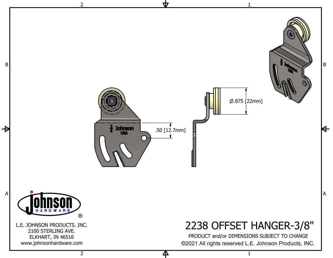 Johnson Hardware 2238PPK2 Single Wheel Sliding Bypass Door Hanger Set, 3/8" Offset x 7/8" Wheel, 2/Pk