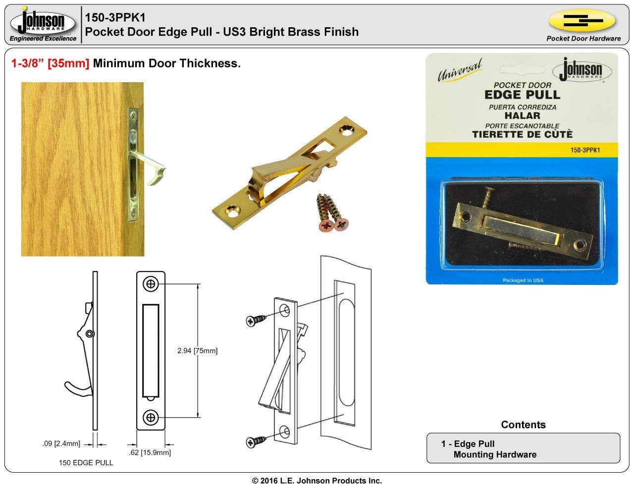 Johnson Hardware 150-3PK1 Pocket Door Edge Pull, Bright Brass, 3"