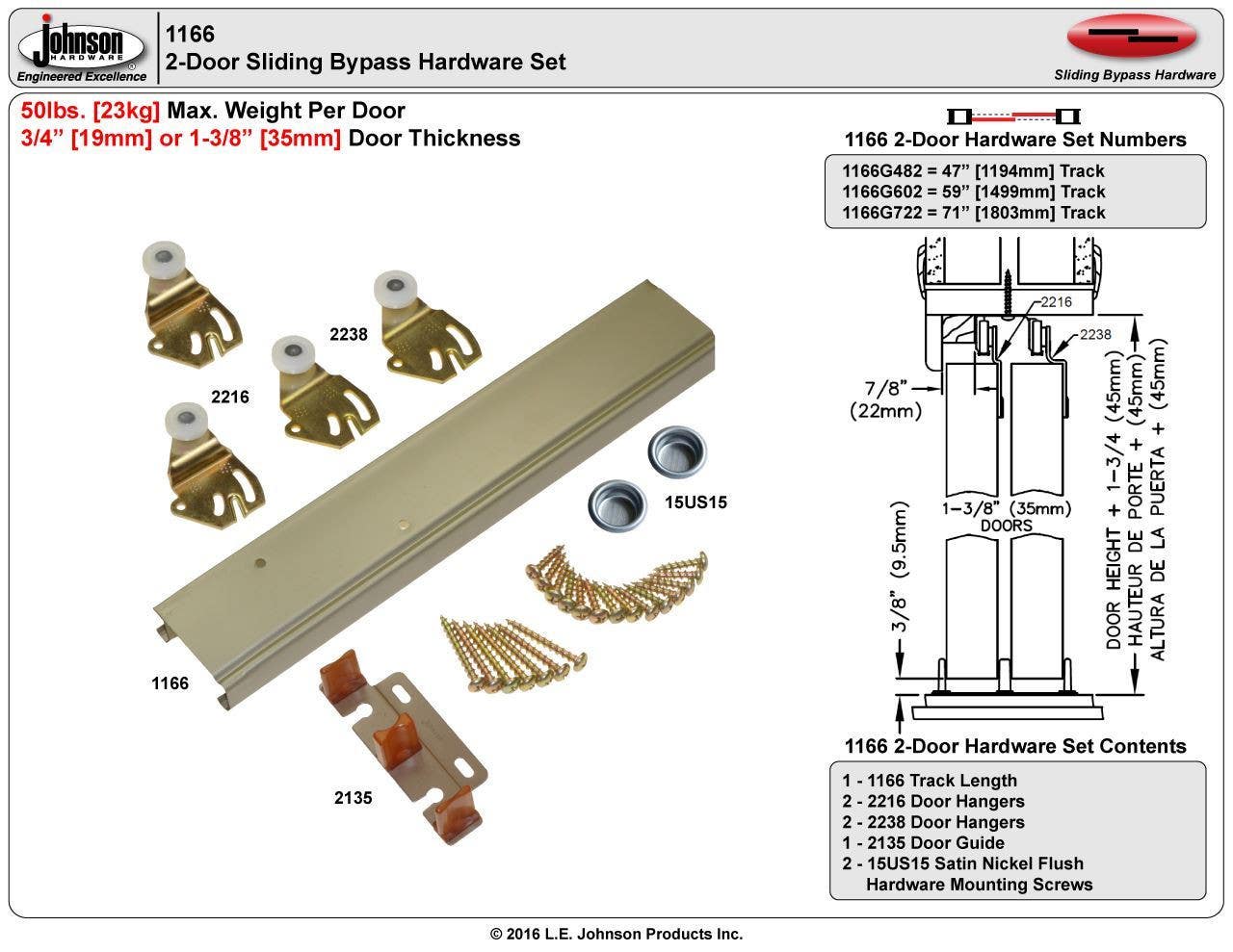 Johnson Hardware 1166 Series 2-Door Sliding Bypass Hardware Set, 3/4" or 1-3/8" Door Thickness