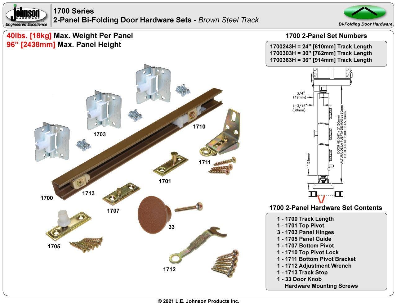 Johnson Hardware 1700363H 1700 Series 2-Panel Bi-Folding Door Hardware Set, Brown, Track - 36"