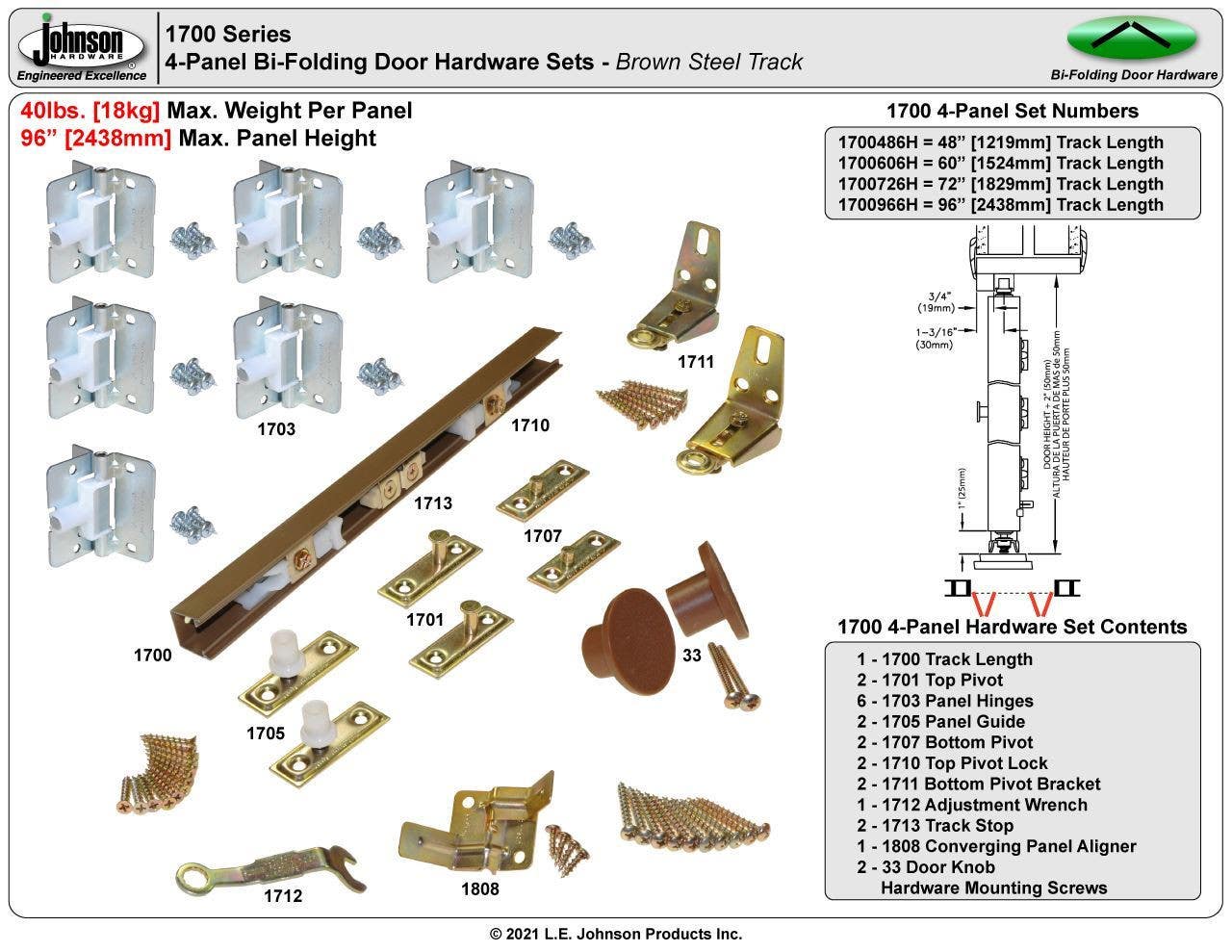Johnson Hardware 1700 Series 4-Panel Bi-Folding Door Hardware Set, Brown Steel Track