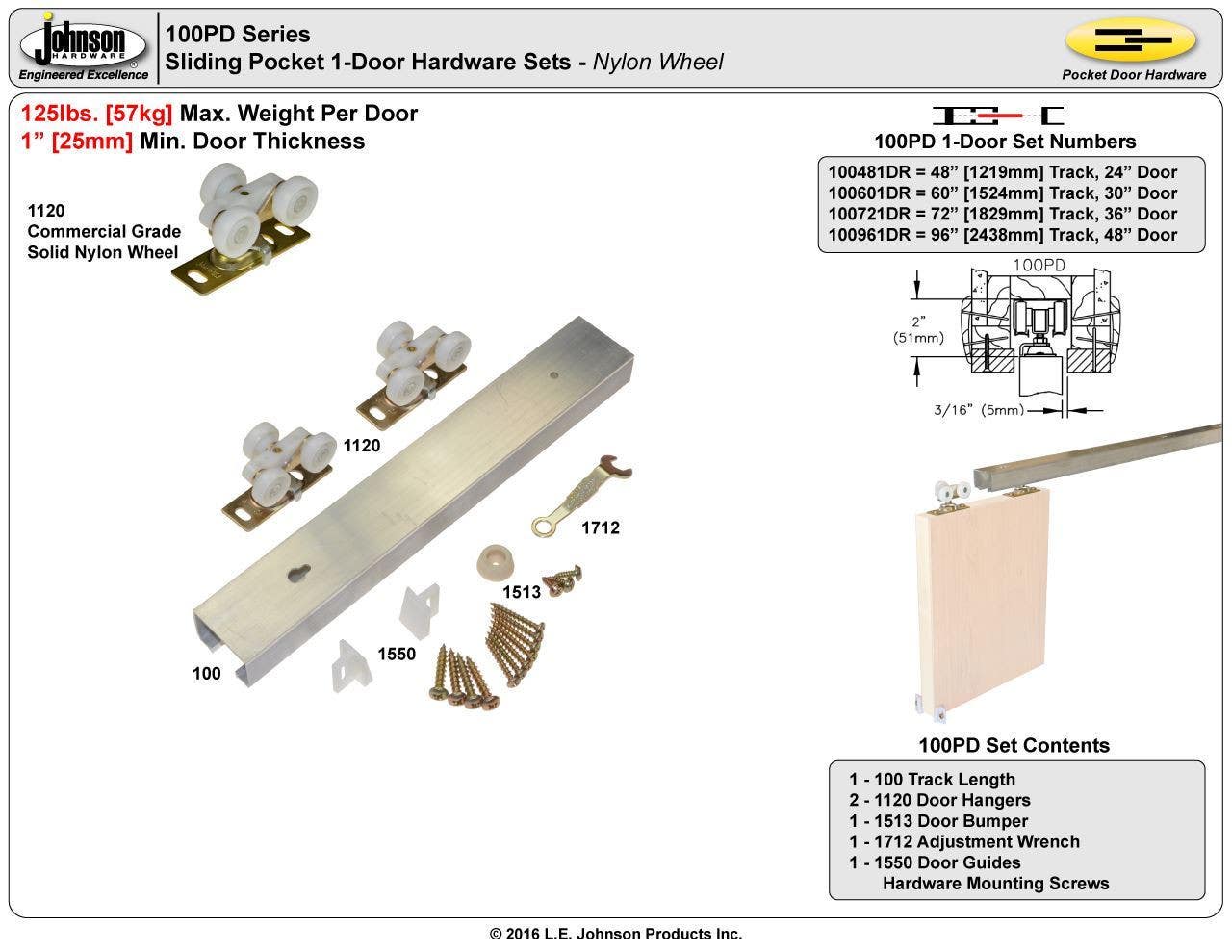 Johnson Hardware 100721DR 100PD Series Sliding Pocket 1-Door Standard Wheel Hardware Set, Track - 72"