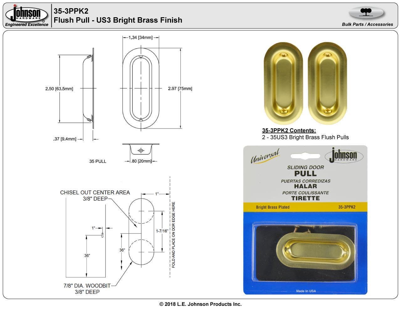 Johnson Hardware 35-3PPK2 Universal Oval Sliding Door Flush Pull Set, Bright Brass Plated, 1.34" x 2.97", 2/Pk