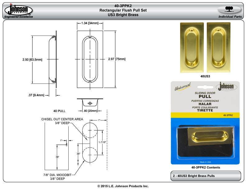 Johnson Hardware 40-3PPK2 Universal Rectangular Sliding Door Flush Pull Set, Bright Brass , 1.34" x 2.97", 2/Pk