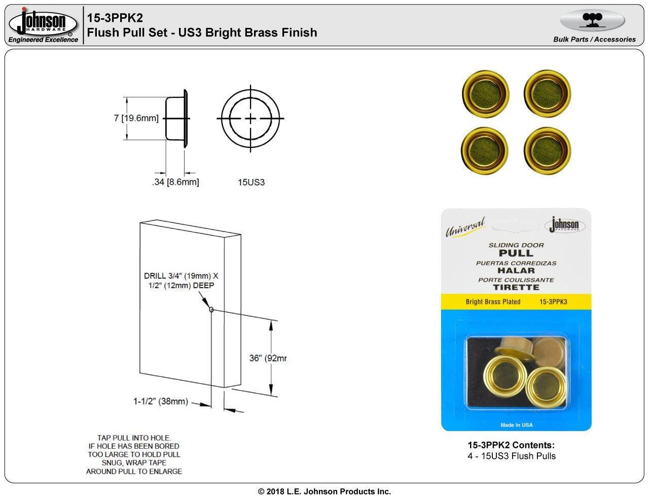 Johnson Hardware 15-3PPK3 Universal Round Sliding Door Flush Pull Set, Bright Brass, , 7/8" Dia, 4/Pk