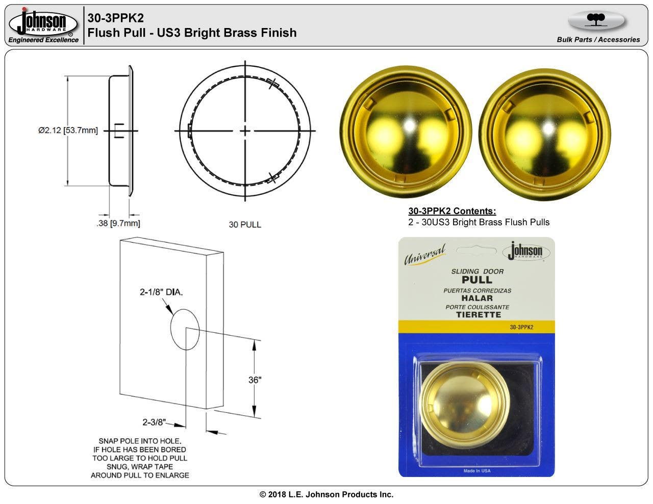 Johnson Hardware 30-3PPK2 30 Series Sliding Door Flush Pulls, Round, Bright Brass, 2/Pk