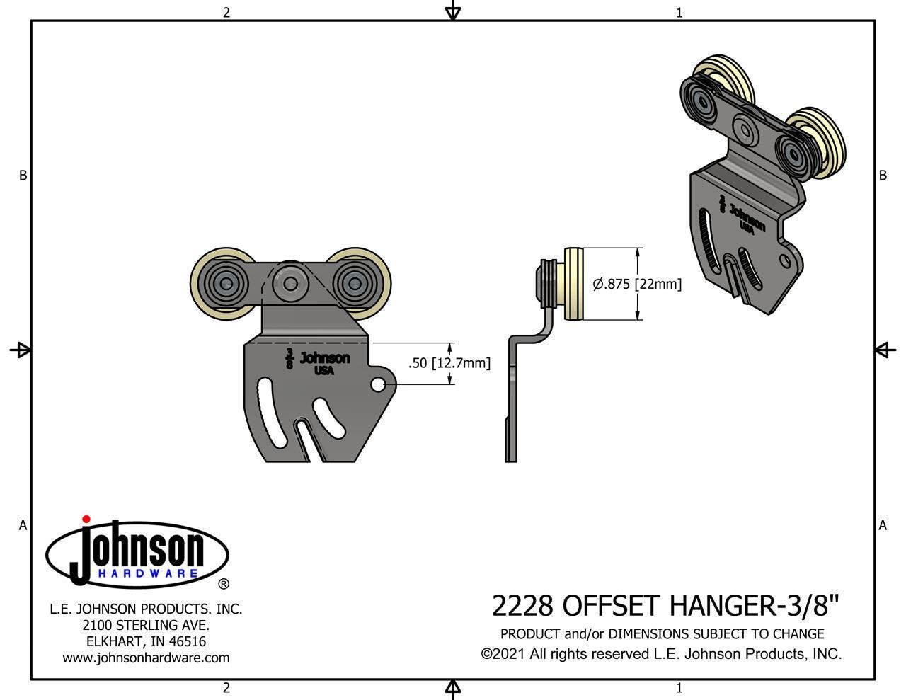 Johnson Hardware 2228PPK2 Twin-Wheel Sliding Door Hanger Set, 3/8" Offset, 2/Pk