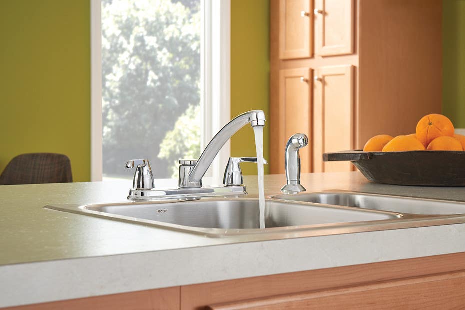 Moen Inc 87046 Adler, Two-Handle Low Arc Kitchen Faucet w/ Protege Side Spray, Chrome