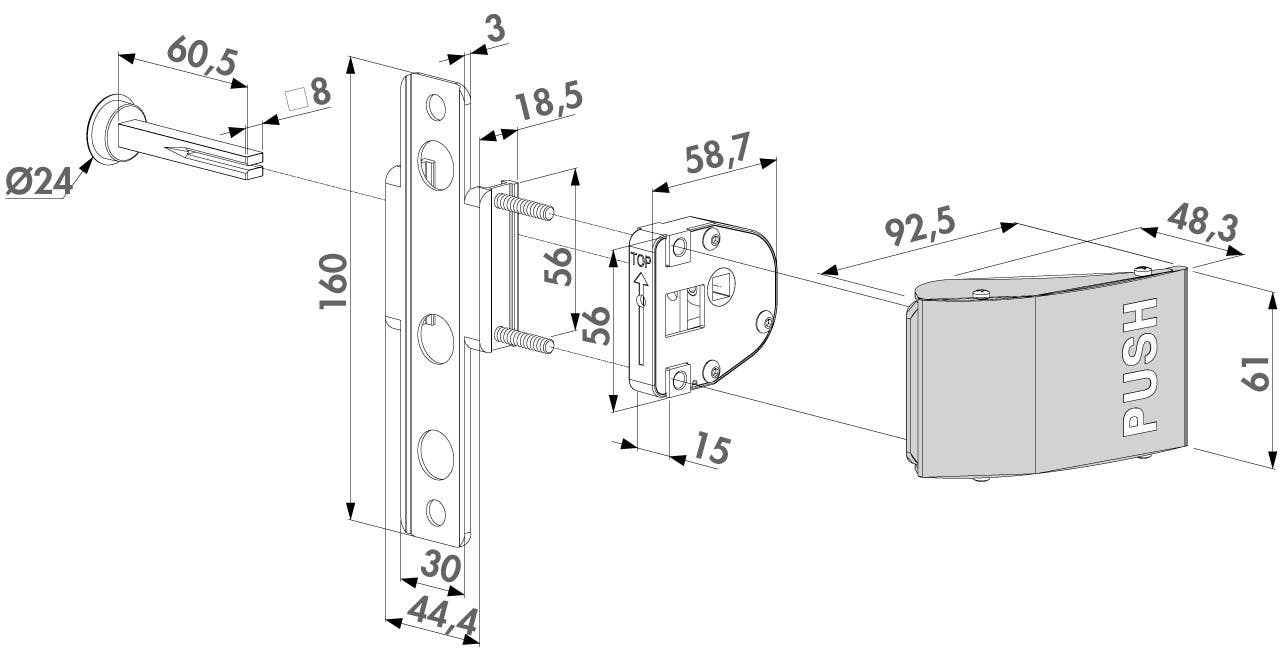 Locinox 3006PUSH Push Handle Set in Aluminium w/ 2-1/2" Blind Follower