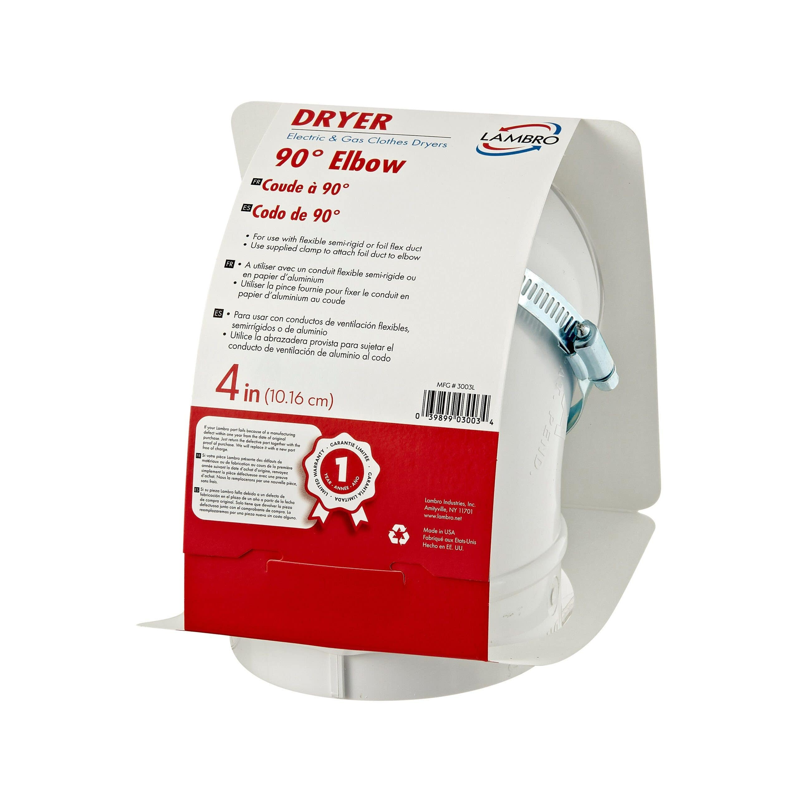 Lambro Industries 3003L 4 inch ABS White Plastic Quick Fit Clothes Dryer Exhaust Elbow