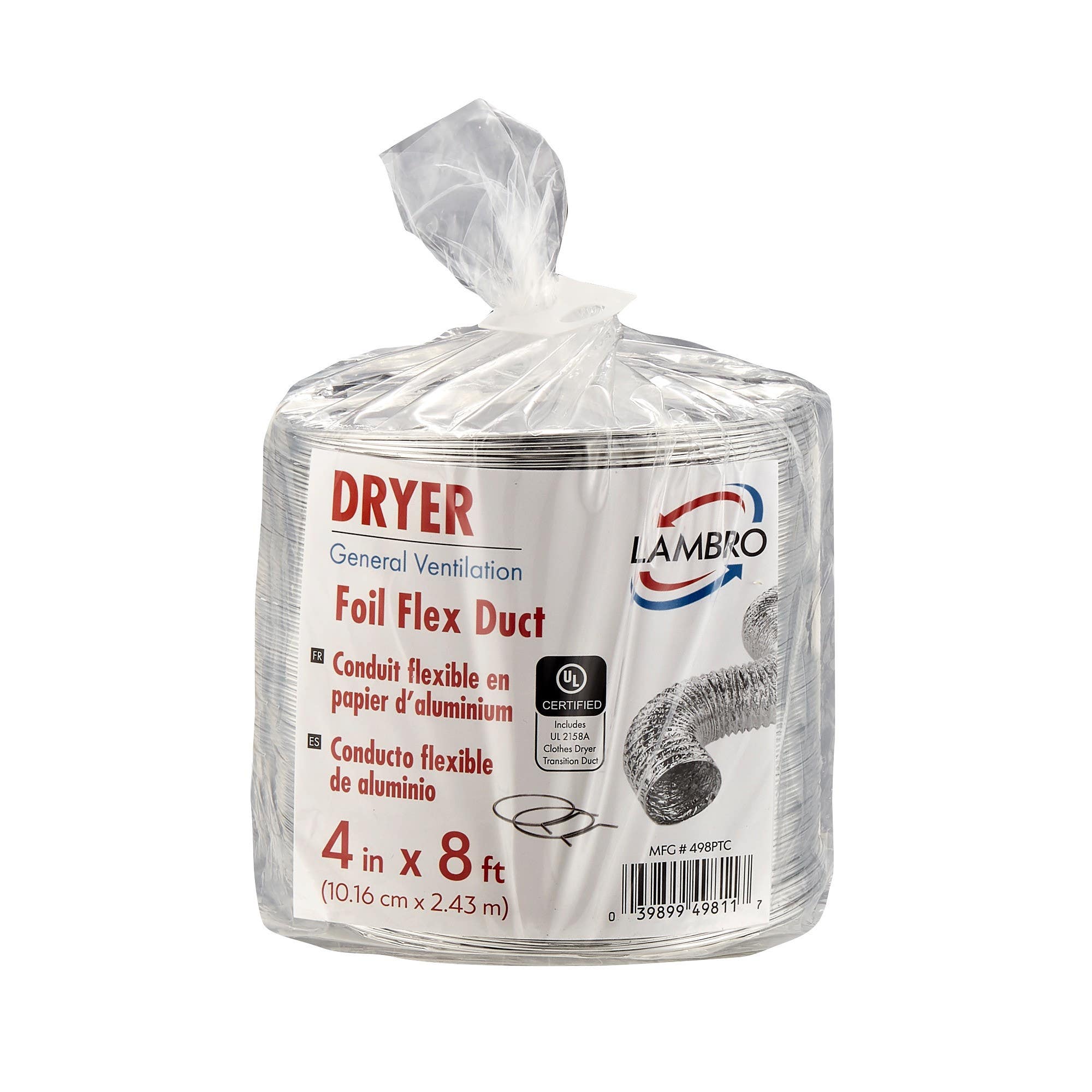 Lambro Industries 498PTC 4 in x 8 ft UL 2158A Clothes Dryer Transition Foil Flex Duct Kit