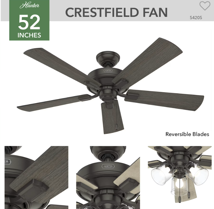 Hunter Fan Company 5420 Crestfield Ceiling Fan with 3 LED Lights 52 in.