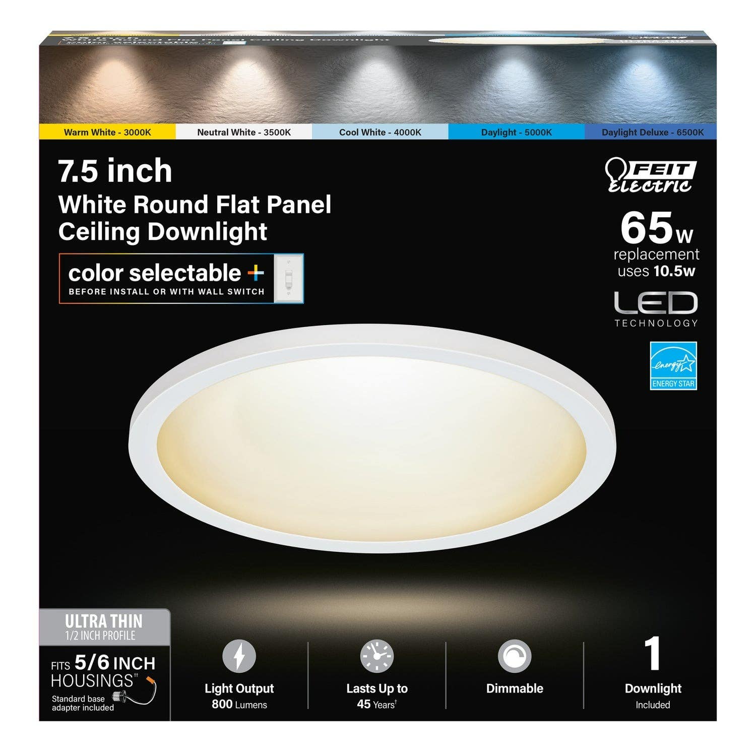 Feit Electric 74206/6WYCA White Round Flat Panel Ceiling Downlight,Color Selectable, 10.5W