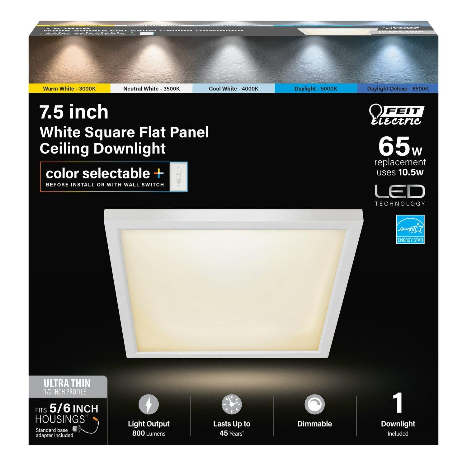 Feit Electric 74208/6WYCA White Square Flat Panel Ceiling Downlight,Color Selectable, 10.5W