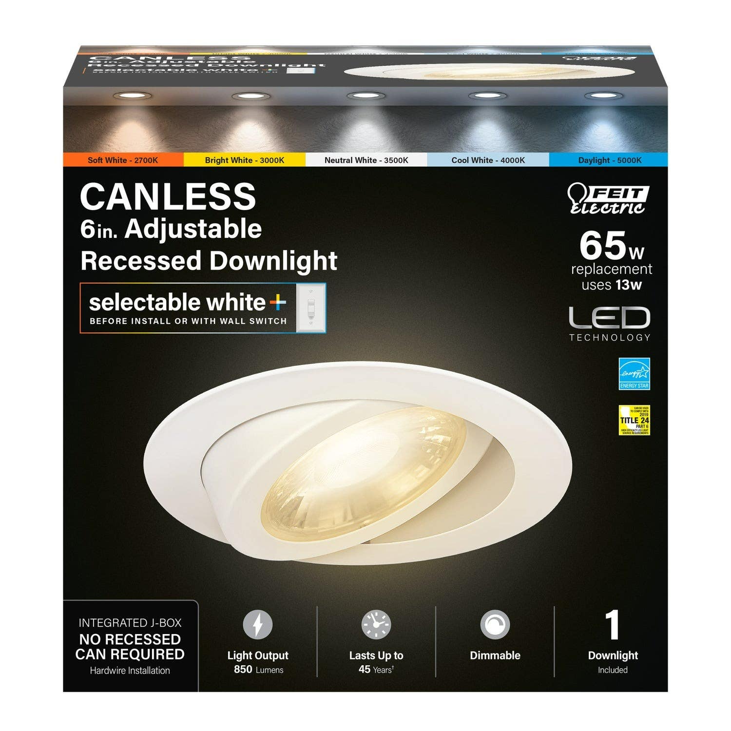 Feit Electric LEDR6XT/ADJ/6WYCA Selectable White Adjustable Angle Recessed LED Downlight, 6 in.