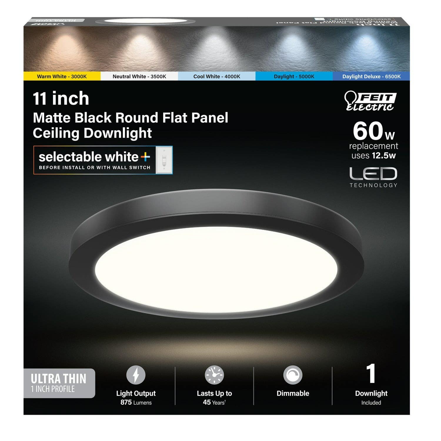 Feit Electric 74210/6WY/BK Matte Black Round Flat Panel Ceiling Downlight, 11 in. 12.5W