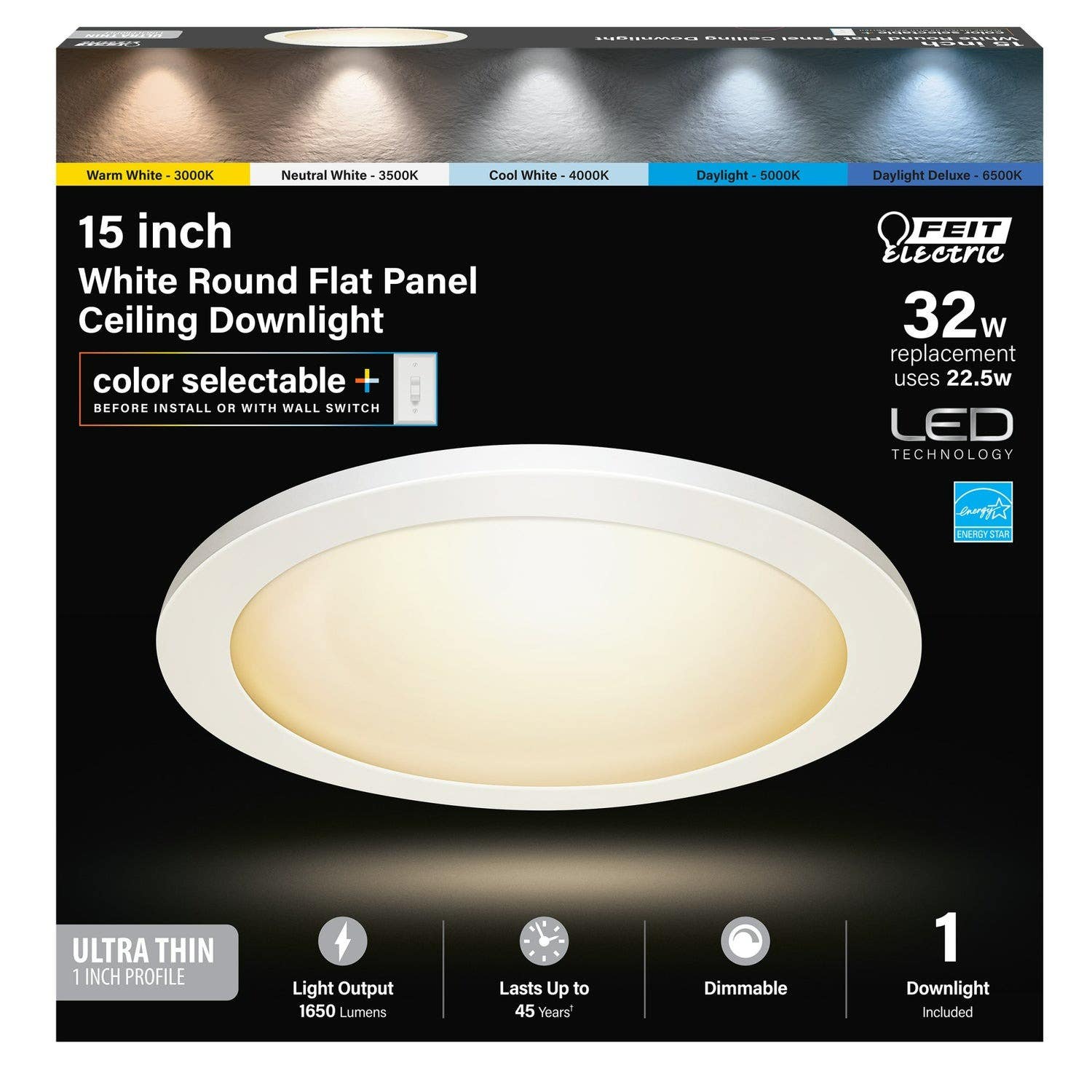 Feit Electric 74212/6WY White Round Flat Panel Ceiling Downlight, 15 in. 22.5W