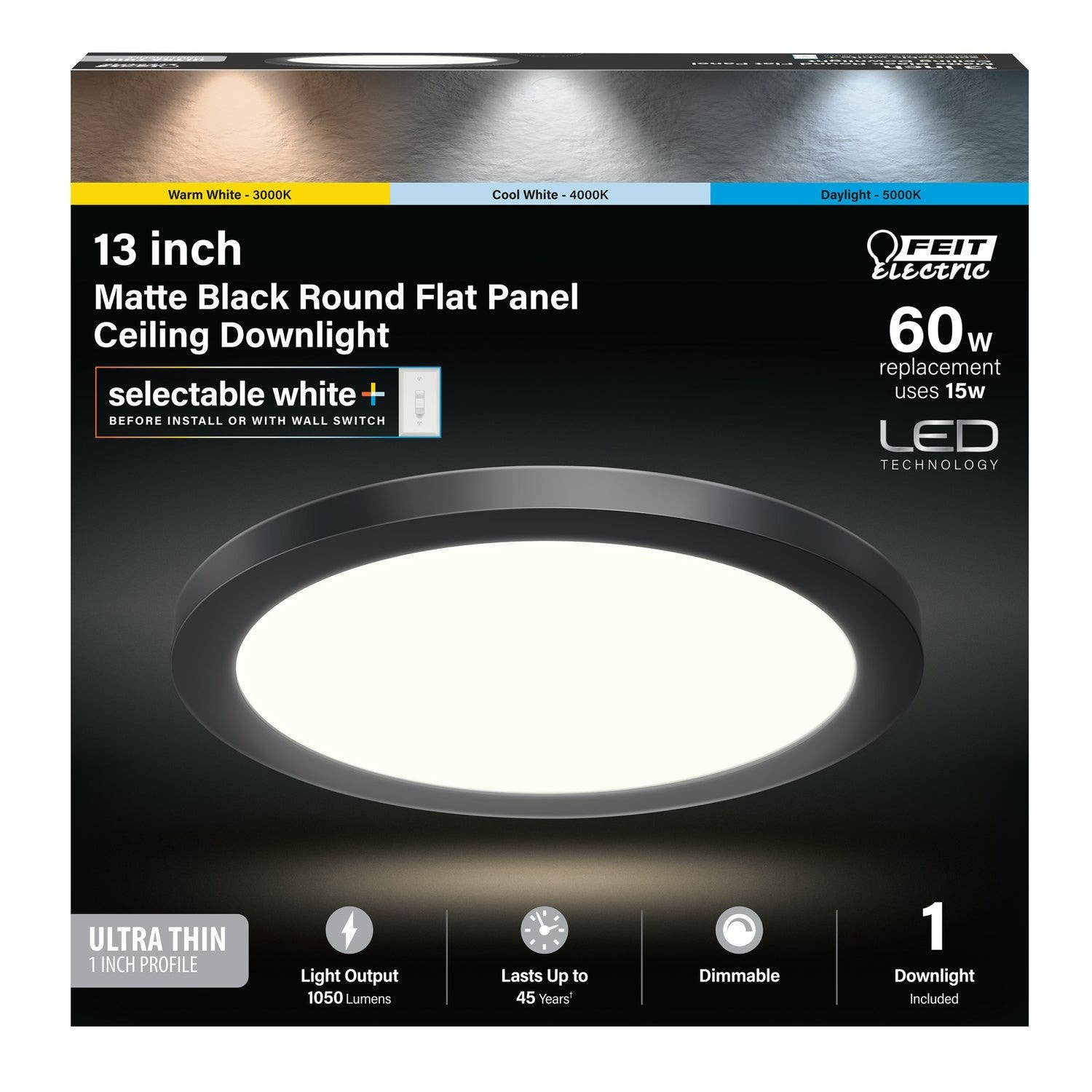 Feit Electric FP13/4WY/BK Matte Black Round Flat Panel Ceiling Downlight, 13 in. 15W