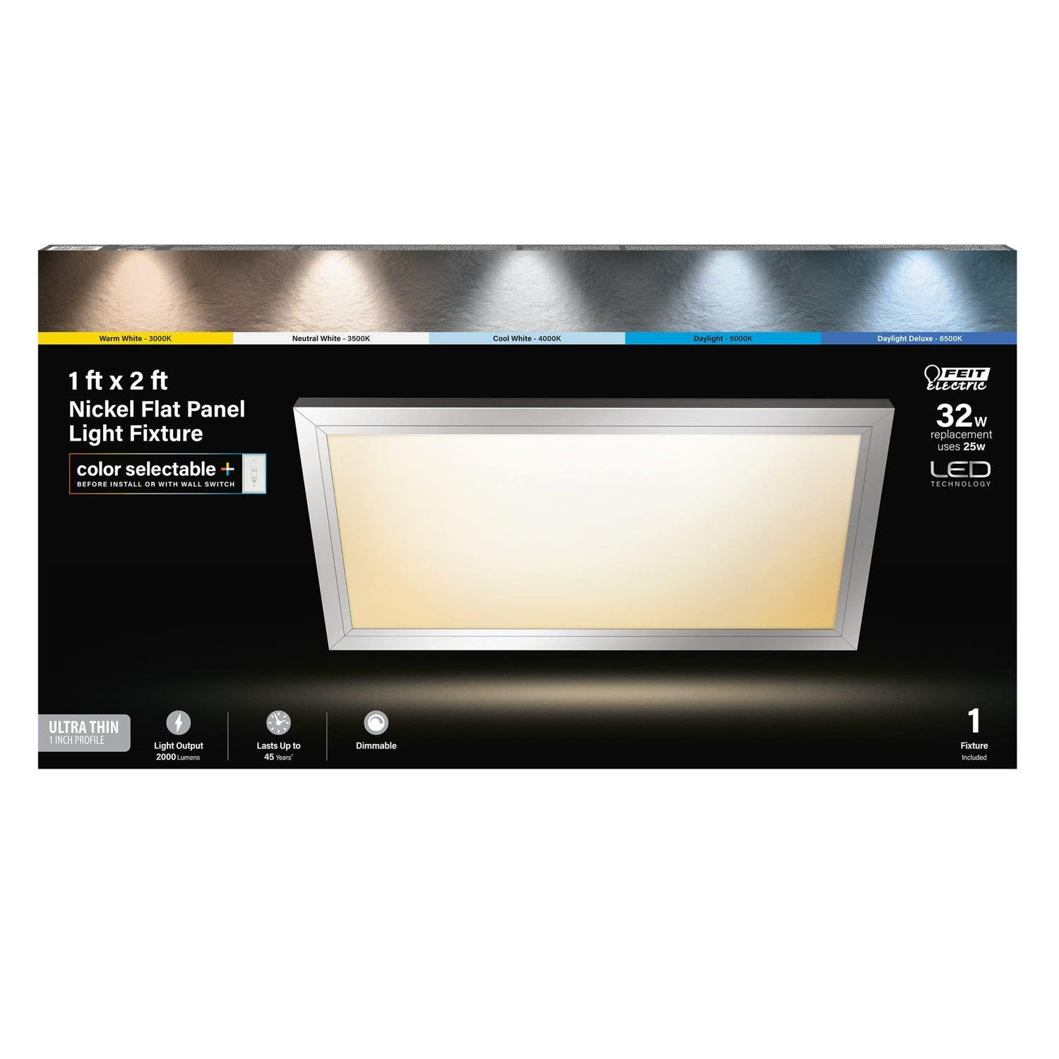 Feit Electric FP1X2/6WY/NK Nickel Flat Panel Light Fixture, 1 ft. x 2 ft. 25W