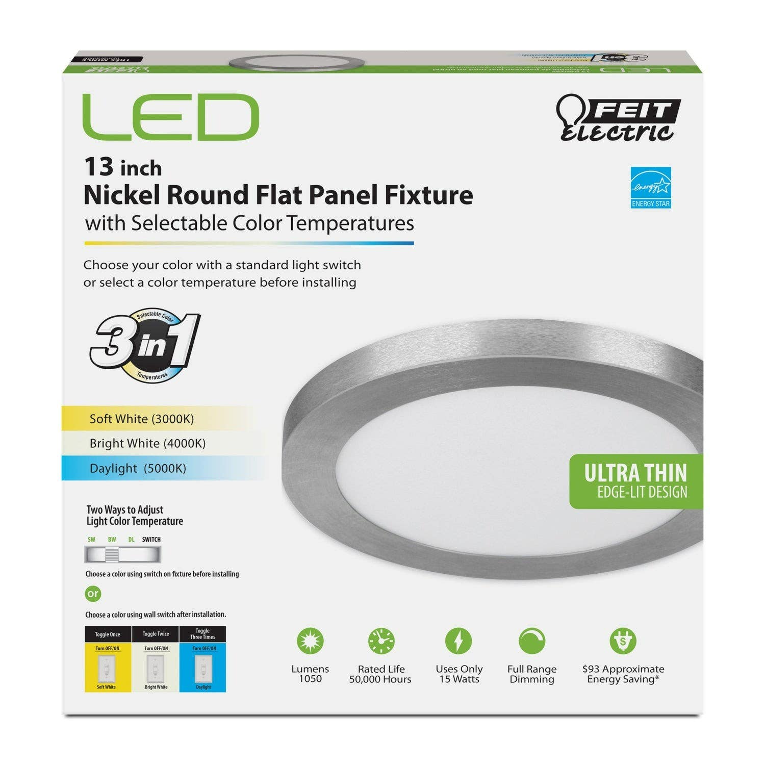 Feit Electric FP13/4WY/NK Nickel Round Flat Panel Fixture, 13 in. 15W