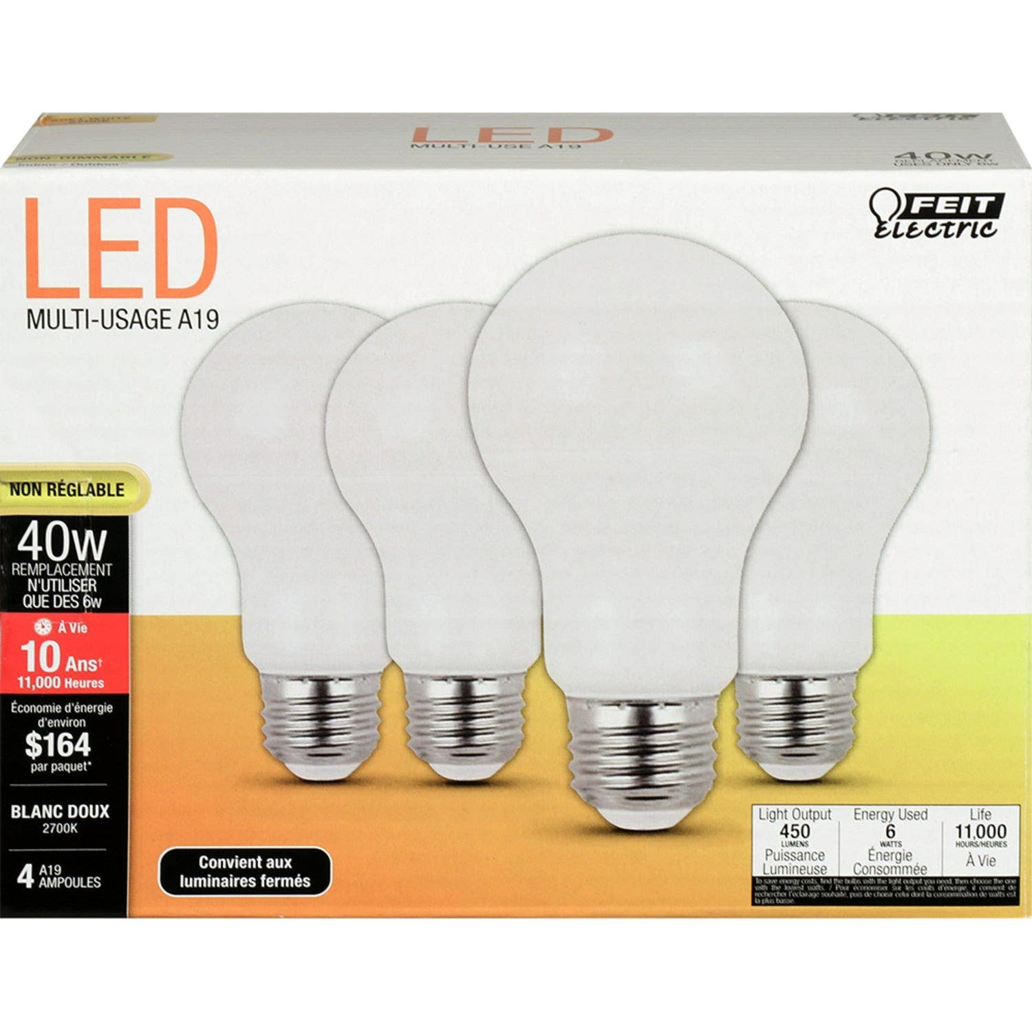 Feit Electric A450/827/10KLED/4 General Purpose Led Bulbs, 6W, 4-Pk