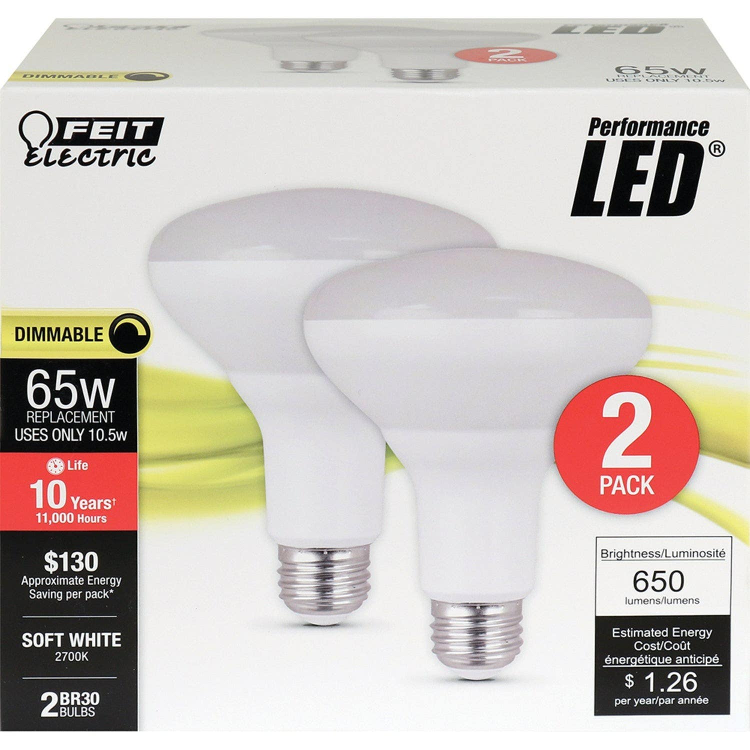 Feit Electric BR30DM/10KLED/2 LED Light Bulb, BR30, 9.5-Watts, 2-Pk.
