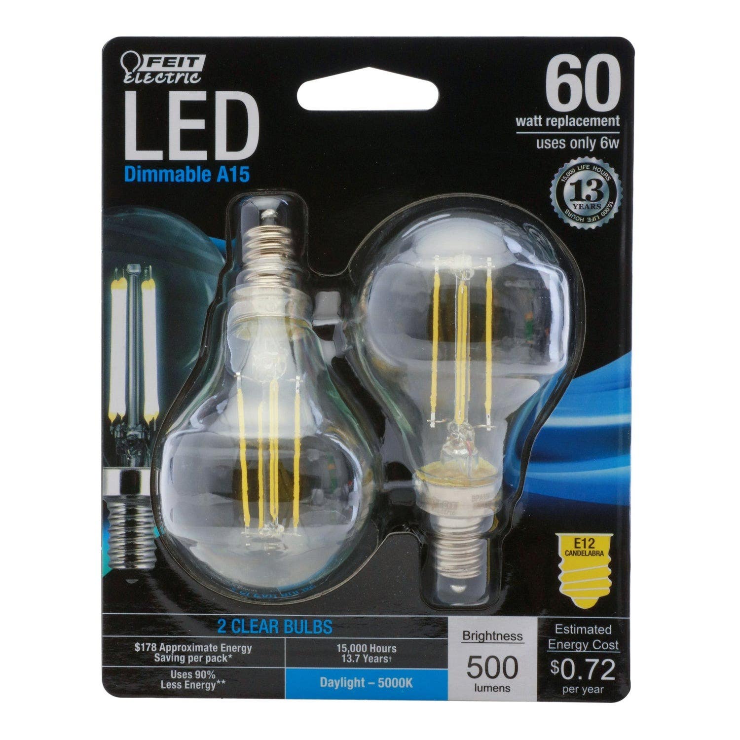 Feit Electric BPA1560C/850/LED/2 Candelabra Base Dimmable Daylight Glass Filament Bulb, 2-Pk