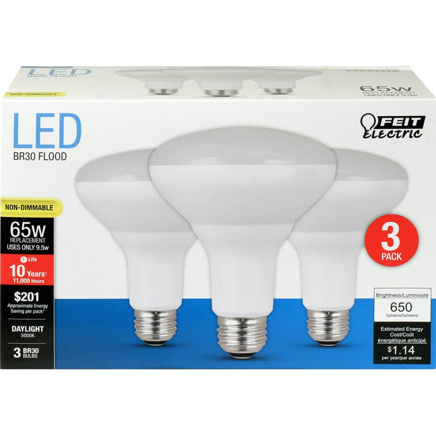 Feit Electric BR30/850/10KLED/3 Reflector LED Light Bulb,65W, 3Pk.