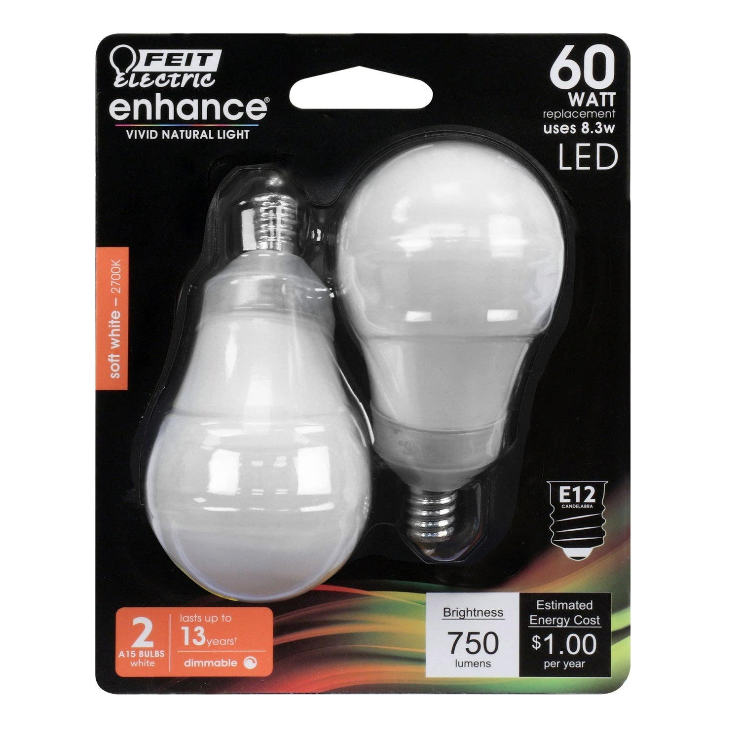 Feit Electric BPA1560C/927CA/2 Led Bulb, Candelabra Base, Filament Enhance- 2 pk.