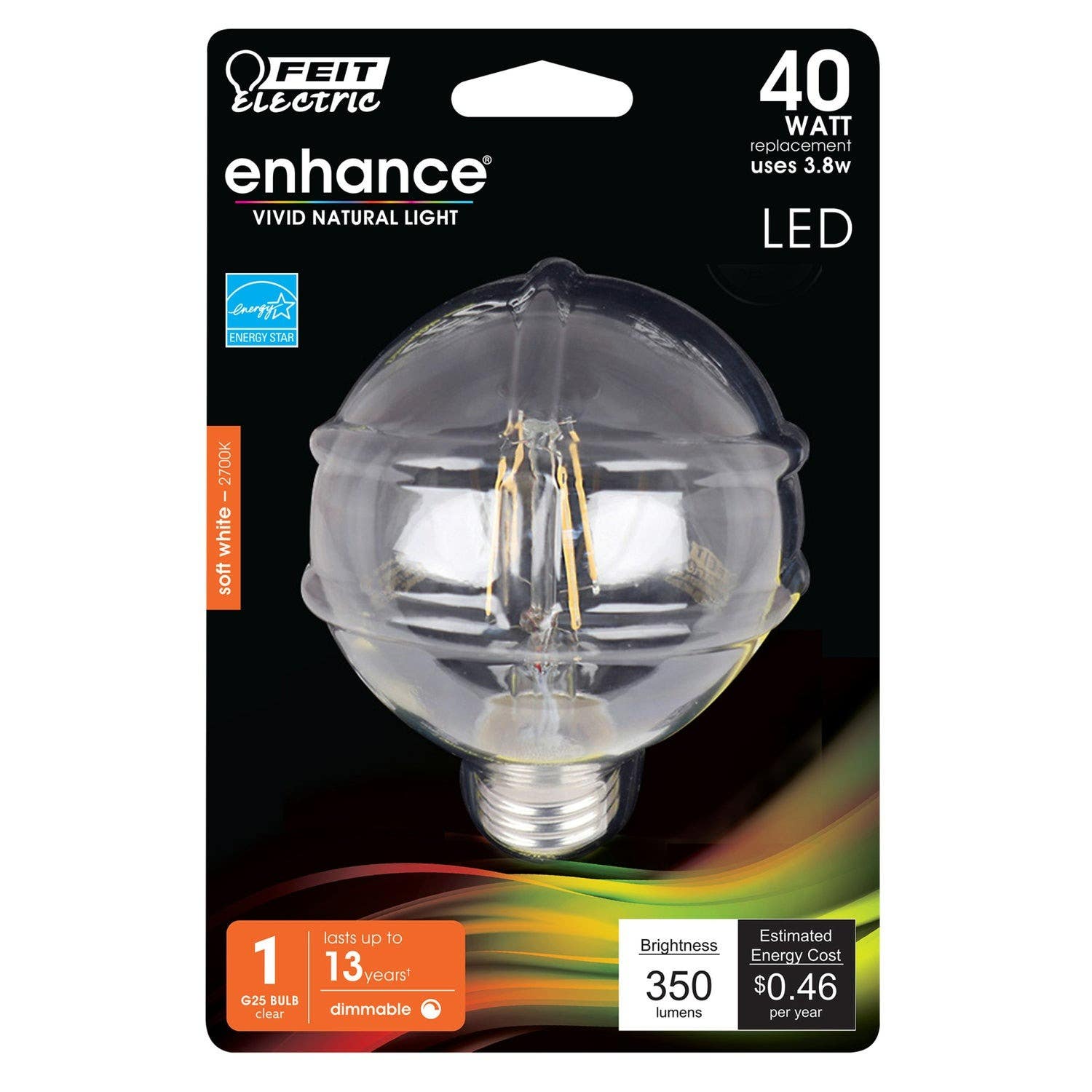 Feit Electric BPG2540/927CA/FIL/RP Enhance Glass Filament Globe Led Bulb, 3.8W