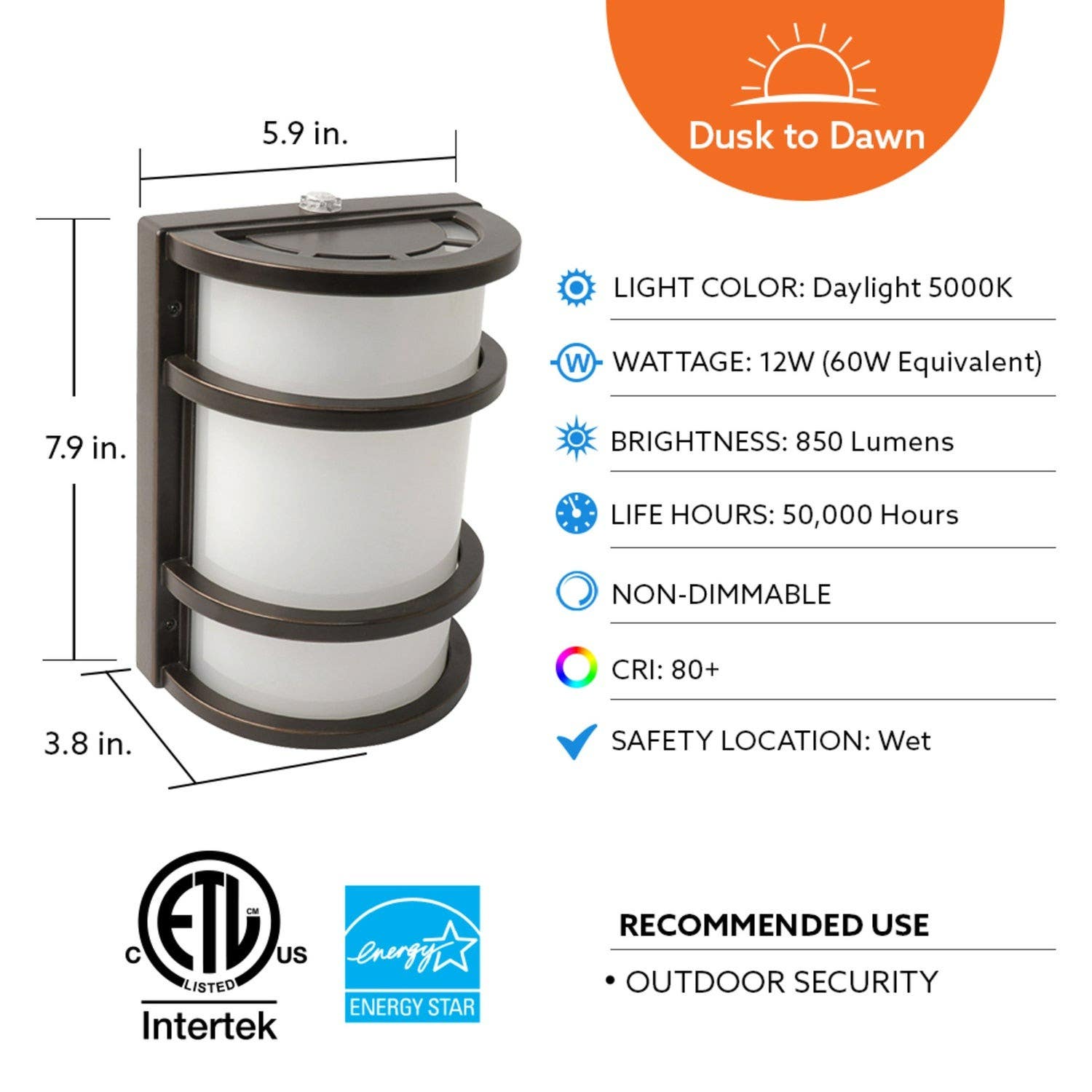 Feit Electric 73702 Bronze LED Dusk to Dawn Security Wall Light, 12W