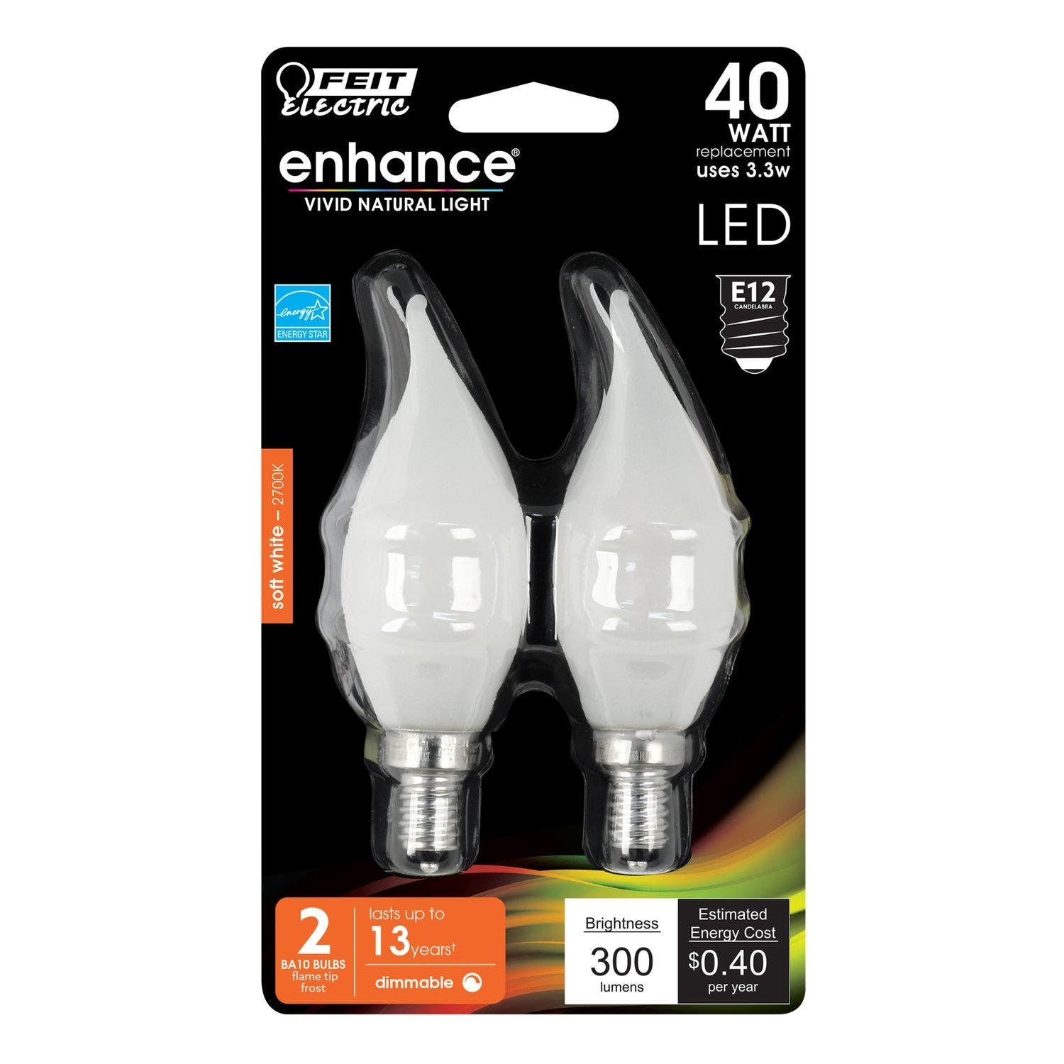 Feit Electric BPCFF40927CAFIL/2/RP Flame Tip Frost Filament LED Bulb, 3.3W ,2-Pk