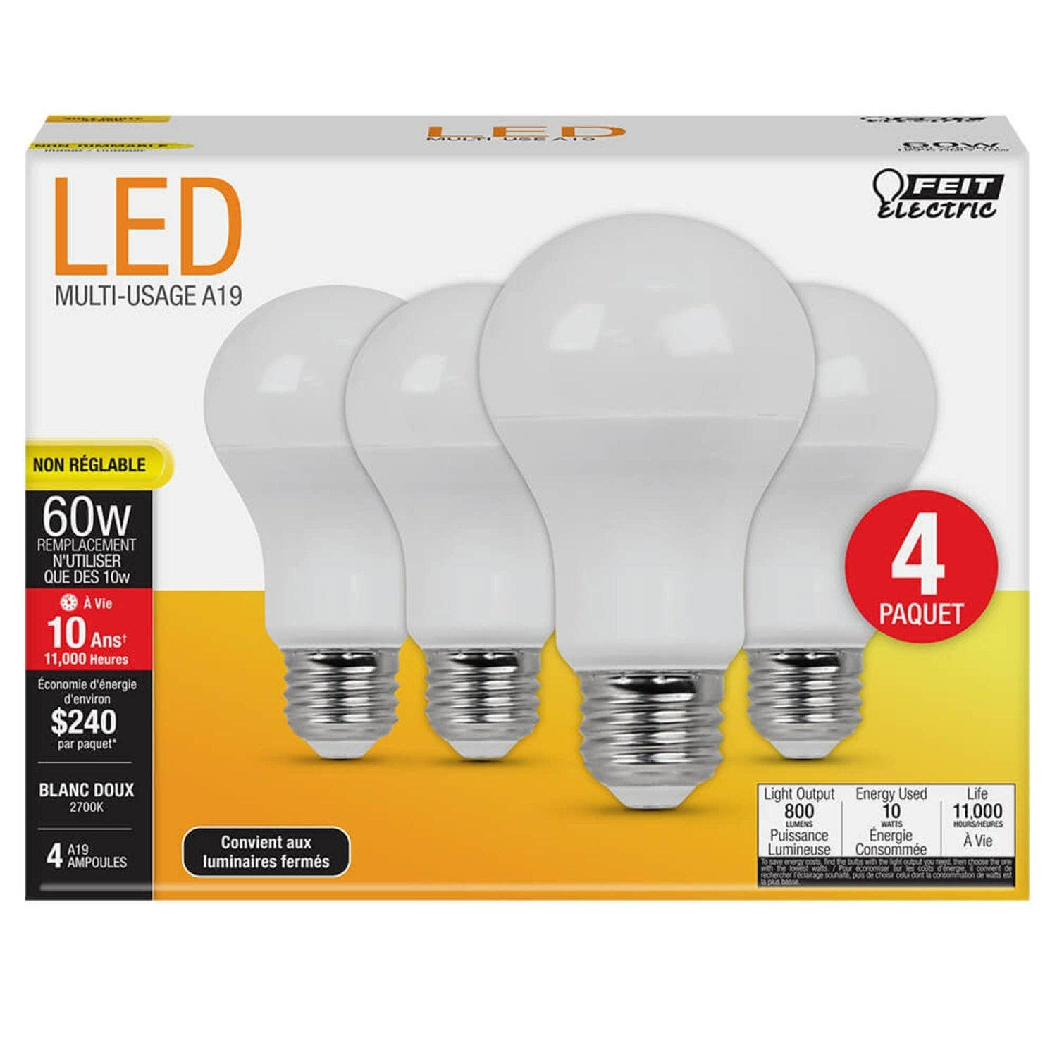 Feit Electric A800/827/10KLED/4 800 Lumens 2700K Non-Dimmable Led Bulb