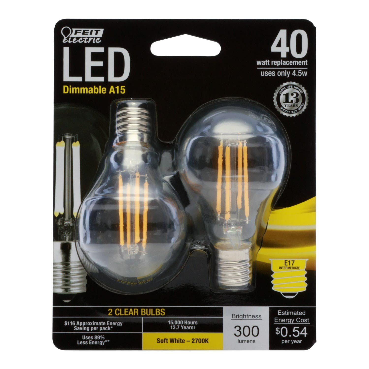Feit Electric BPA1540N/827/LED/2 A15 Dimmable Led Bulb, Glass Filament,40W, 2pk